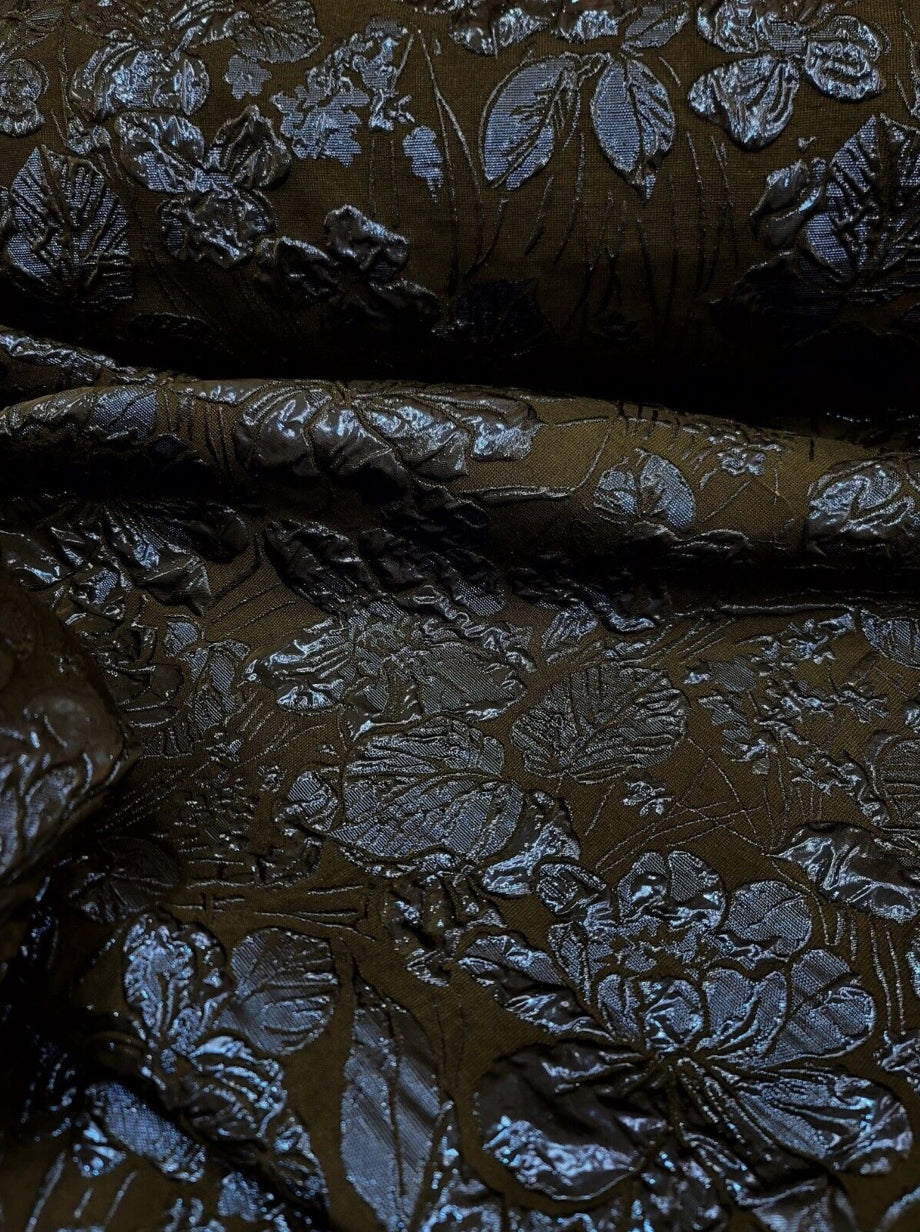 Navy Blue Metallic Floral Brocade Fabric - Sold By The Yard - Black Background (60” Width)