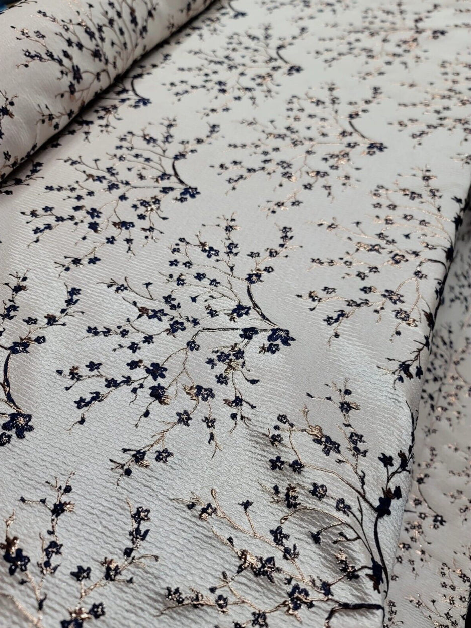 NAVY BLUE Metallic Rose Gold Floral Brocade Fabric - Sold by the Yard