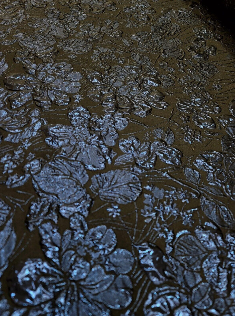 Navy Blue Metallic Floral Brocade Fabric - Sold By The Yard - Black Background (60” Width)