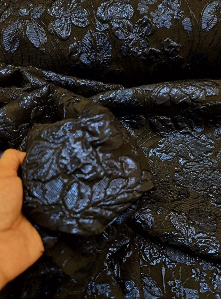 Navy Blue Metallic Floral Brocade Fabric - Sold By The Yard - Black Background (60” Width)