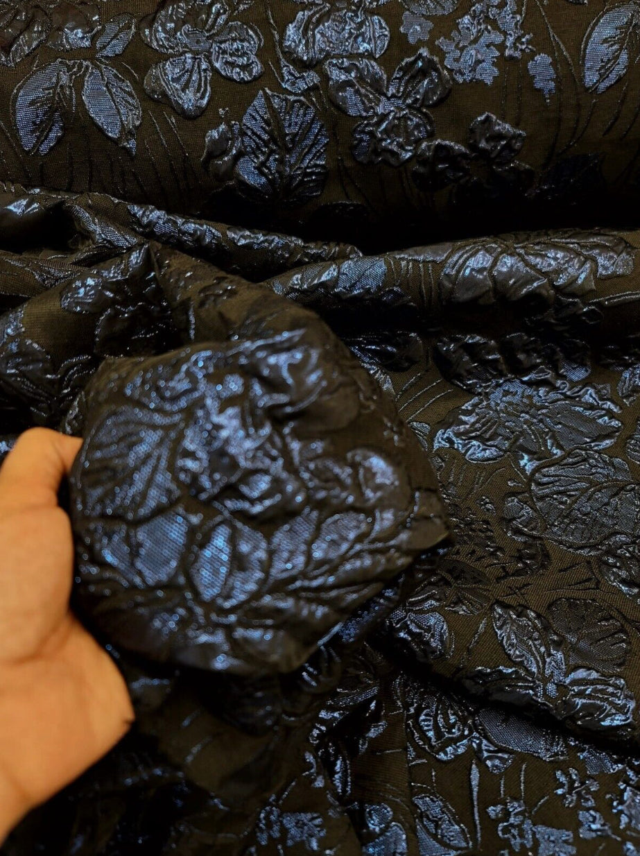 Navy Blue Metallic Floral Brocade Fabric - Sold By The Yard - Black Background (60” Width)