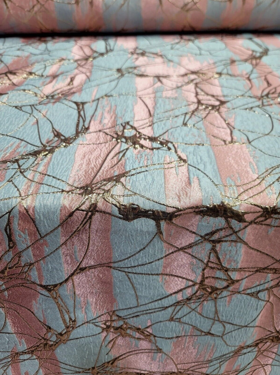 Pink Brocade Jacquard Fabric - Sold By The Yard - Sky Blue Metallic Rose Gold Fashion (60” Width)