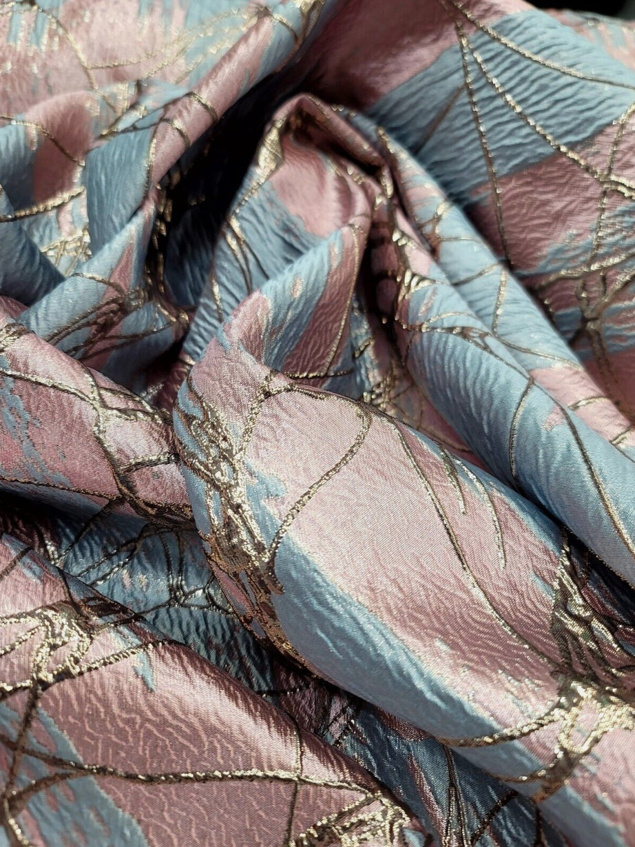 Pink Brocade Jacquard Fabric - Sold By The Yard - Sky Blue Metallic Rose Gold Fashion (60” Width)