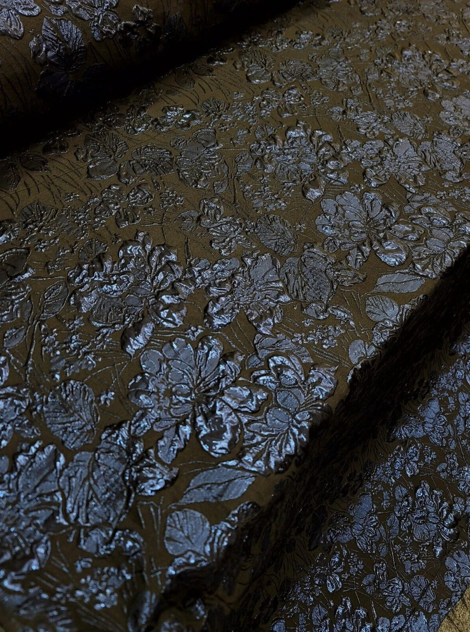 Navy Blue Metallic Floral Brocade Fabric - Sold By The Yard - Black Background (60” Width)