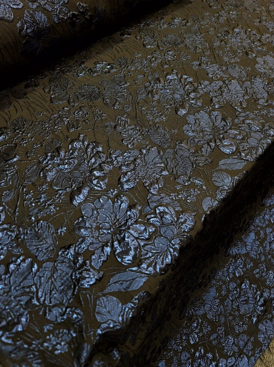 Navy Blue Metallic Floral Brocade Fabric - Sold By The Yard - Black Background (60” Width)