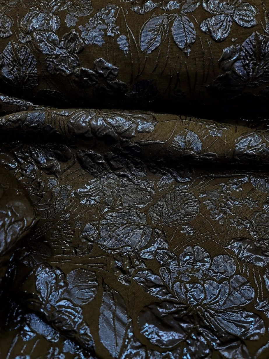 Navy Blue Metallic Floral Brocade Fabric - Sold By The Yard - Black Background (60” Width)