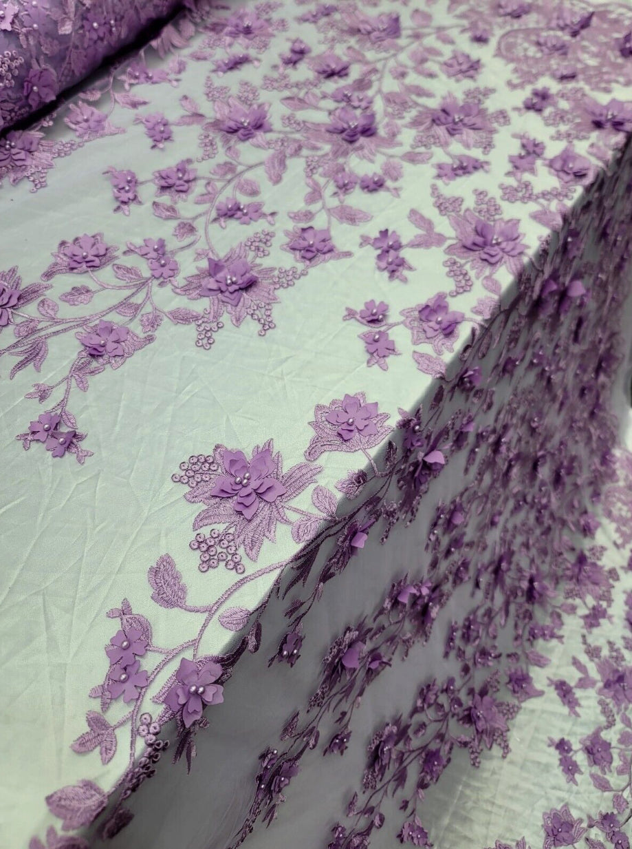 Lavender 3D Floral Design Embroidered Mesh Lace Fabric - Sold by the Yard (54" Width)