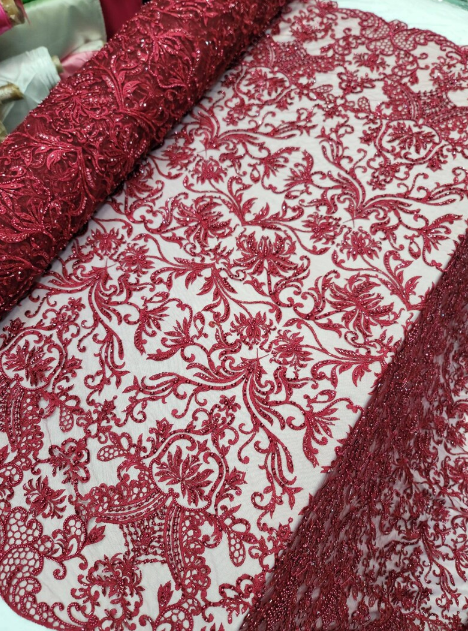 Burgundy Beaded Lace Embroidered Swirl Flowers Floral Sequin Mesh Fabric Sold By The Yard Prom Bridal Quinceañera