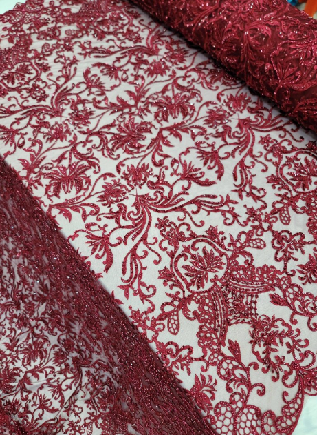 Burgundy Beaded Lace Embroidered Swirl Flowers Floral Sequin Mesh Fabric Sold By The Yard Prom Bridal Quinceañera