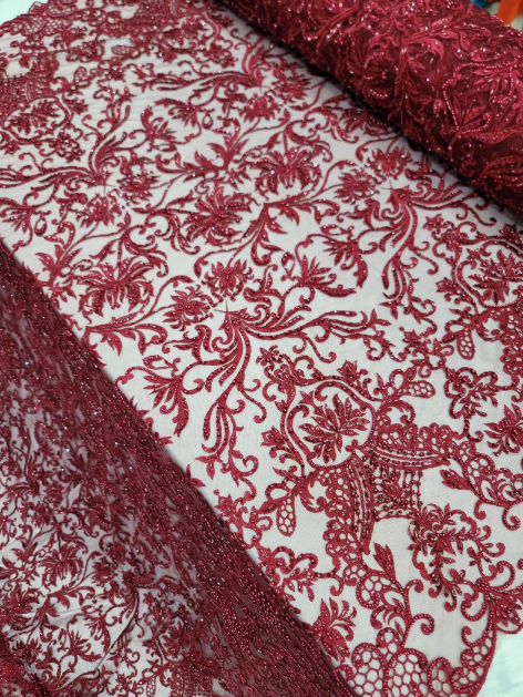 Burgundy Beaded Lace Embroidered Swirl Flowers Floral Sequin Mesh Fabric Sold By The Yard Prom Bridal Quinceañera