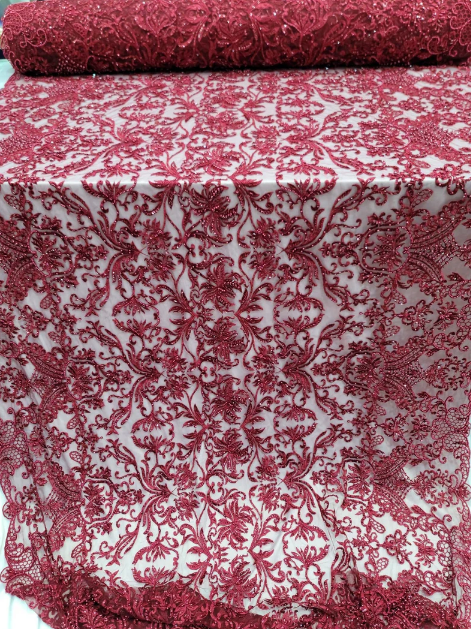 Burgundy Beaded Lace Embroidered Swirl Flowers Floral Sequin Mesh Fabric Sold By The Yard Prom Bridal Quinceañera
