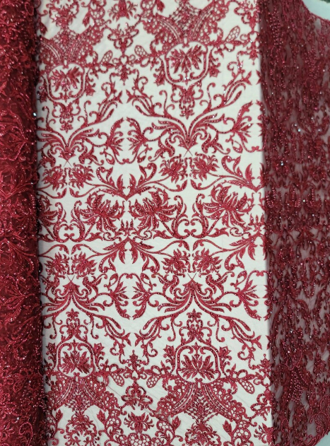 Burgundy Beaded Lace Embroidered Swirl Flowers Floral Sequin Mesh Fabric Sold By The Yard Prom Bridal Quinceañera