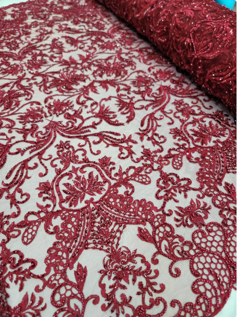 Burgundy Beaded Lace Embroidered Swirl Flowers Floral Sequin Mesh Fabric Sold By The Yard Prom Bridal Quinceañera