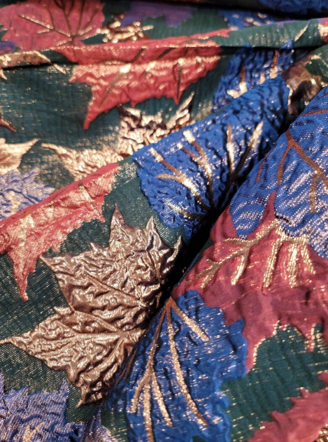 Gold Metallic Brocade Purple Blue Maple Leaves Black Brocade Prom Fabric Sold by the Yard Gown Quinceañera Bridal Backdrop