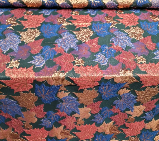 Gold Metallic Brocade Purple Blue Maple Leaves Black Brocade Prom Fabric Sold by the Yard Gown Quinceañera Bridal Backdrop