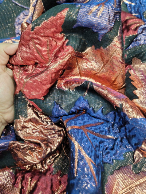 Gold Metallic Brocade Purple Blue Maple Leaves Black Brocade Prom Fabric Sold by the Yard Gown Quinceañera Bridal Backdrop