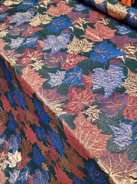 Gold Metallic Brocade Purple Blue Maple Leaves Black Brocade Prom Fabric Sold by the Yard Gown Quinceañera Bridal Backdrop