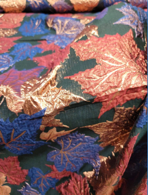 Gold Metallic Brocade Purple Blue Maple Leaves Black Brocade Prom Fabric Sold by the Yard Gown Quinceañera Bridal Backdrop
