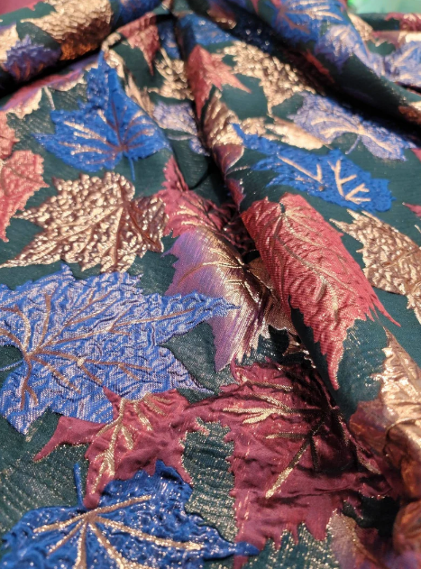 Gold Metallic Brocade Purple Blue Maple Leaves Black Brocade Prom Fabric Sold by the Yard Gown Quinceañera Bridal Backdrop