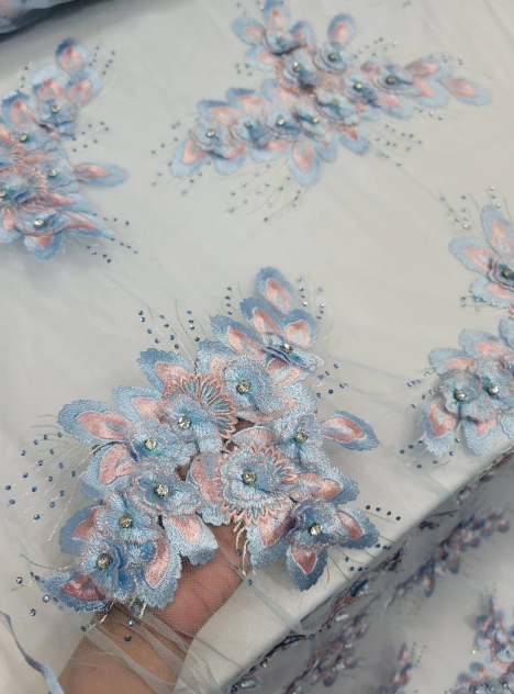 Light blue 3D floral lace fabric - 3D lace & embroidery - lace fabric from