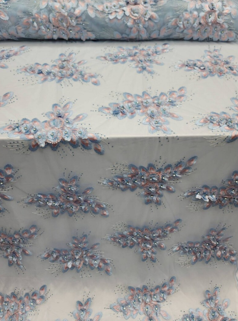 Sky Blue Beads Lace Rhinestones 3d Embroidery Floral Fabric By The Yard Prom Bridal Quinceañera