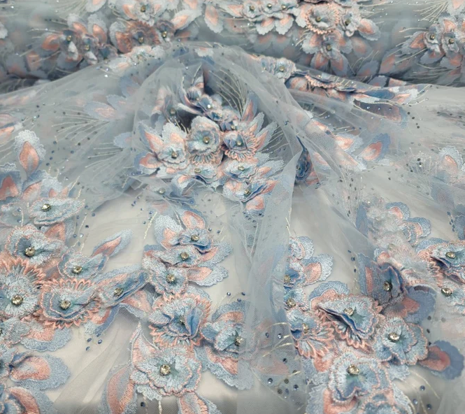 Sky Blue Beads Lace Rhinestones 3d Embroidery Floral Fabric By The Yard Prom Bridal Quinceañera