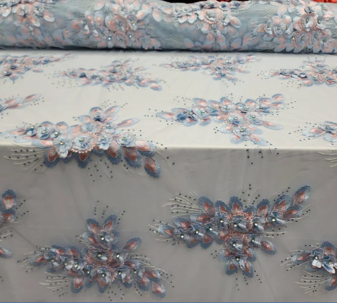 Sky Blue Beads Lace Rhinestones 3d Embroidery Floral Fabric By The Yard Prom Bridal Quinceañera
