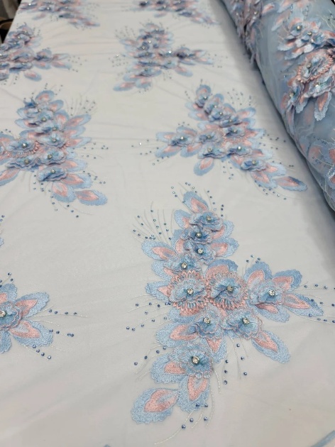 Sky Blue Beads Lace Rhinestones 3d Embroidery Floral Fabric By The Yard Prom Bridal Quinceañera