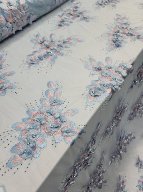 Sky Blue Beads Lace Rhinestones 3d Embroidery Floral Fabric By The Yard Prom Bridal Quinceañera