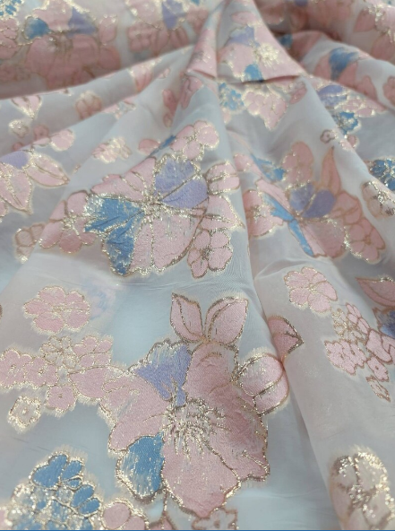 Lavender Blue Brocade Floral Flowers On White Organza Fabric By The Yard