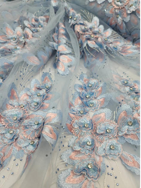 Sky Blue Beads Lace Rhinestones 3d Embroidery Floral Fabric By The Yard Prom Bridal Quinceañera