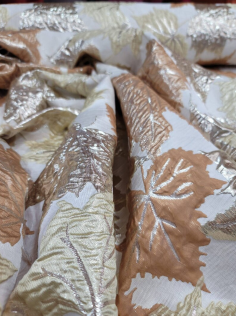 Brocade Jacquard Red Metallic Gold Mustard Maple Leaves Jacquard Fashion Prom Fabric Sold by The Yard Bridal Quinceañera