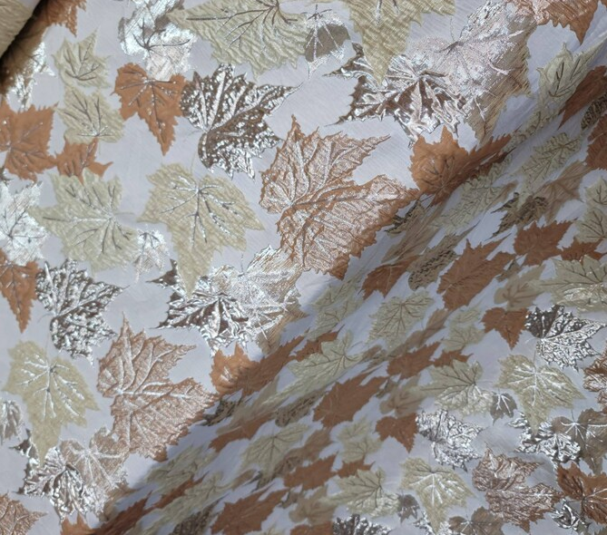 Brocade Jacquard Red Metallic Gold Mustard Maple Leaves Jacquard Fashion Prom Fabric Sold by The Yard Bridal Quinceañera