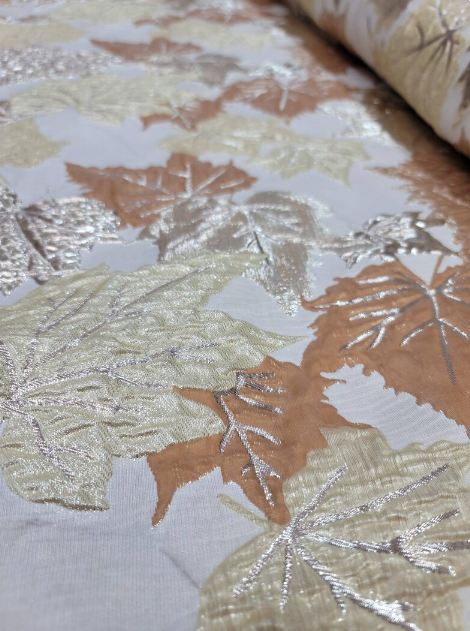 Brocade Jacquard Red Metallic Gold Mustard Maple Leaves Jacquard Fashion Prom Fabric Sold by The Yard Bridal Quinceañera