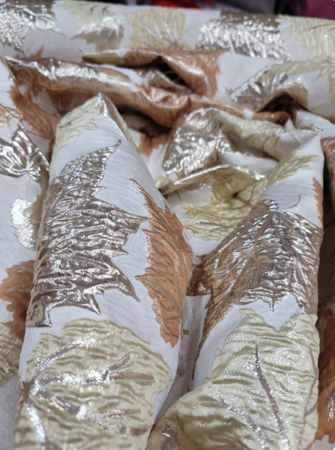 Brocade Jacquard Red Metallic Gold Mustard Maple Leaves Jacquard Fashion Prom Fabric Sold by The Yard Bridal Quinceañera