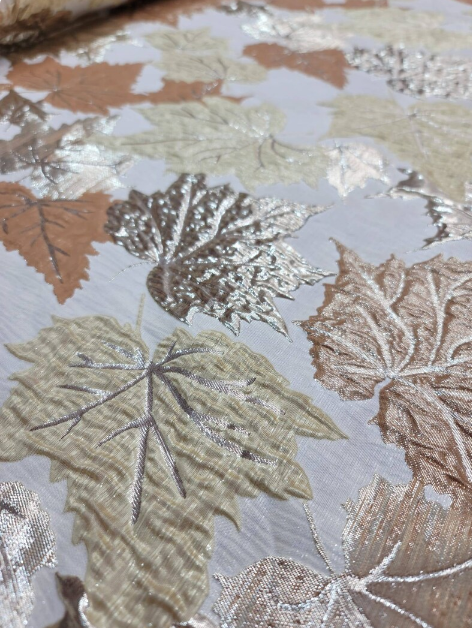 Brocade Jacquard Red Metallic Gold Mustard Maple Leaves Jacquard Fashion Prom Fabric Sold by The Yard Bridal Quinceañera