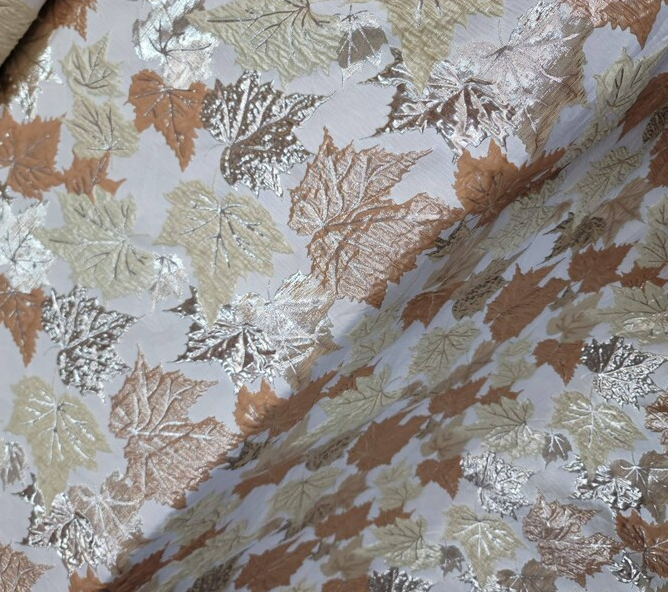 Brocade Jacquard Red Metallic Gold Mustard Maple Leaves Jacquard Fashion Prom Fabric Sold by The Yard Bridal Quinceañera