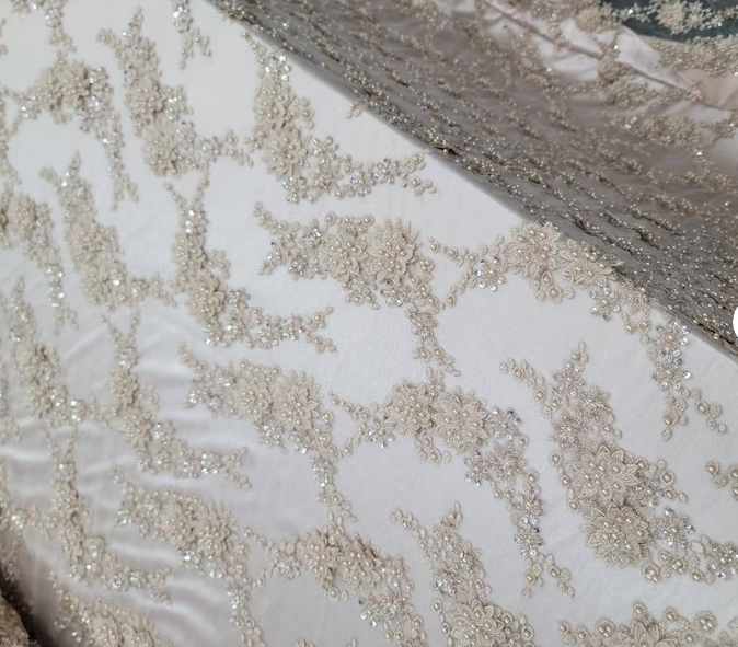 Champagne Hand Beaded Lace Floral Flowers Embroidered on Mesh Pearls Prom Fabric Sold by the Yard Gown Quinceañera Bridal