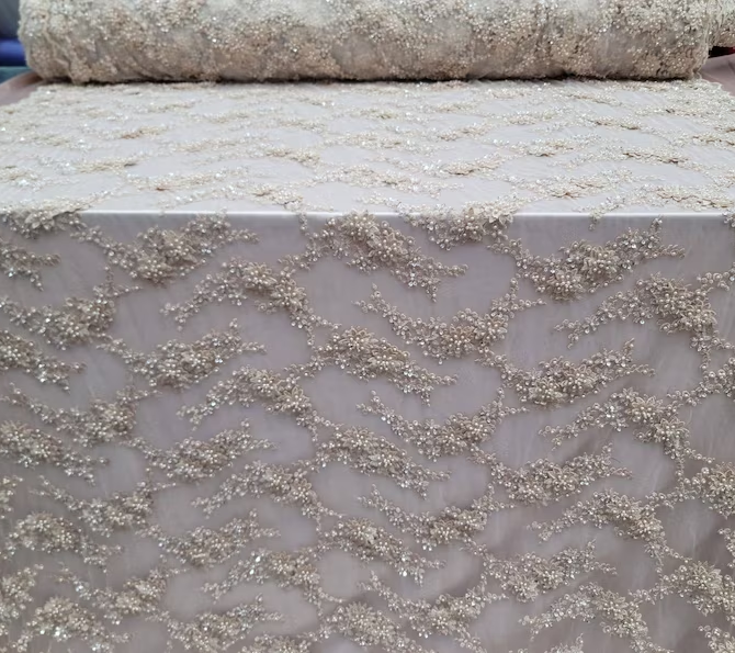Champagne Hand Beaded Lace Floral Flowers Embroidered on Mesh Pearls Prom Fabric Sold by the Yard Gown Quinceañera Bridal