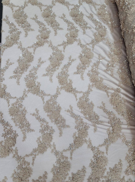Champagne Hand Beaded Lace Floral Flowers Embroidered on Mesh Pearls Prom Fabric Sold by the Yard Gown Quinceañera Bridal