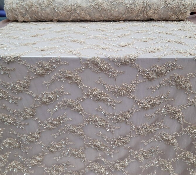 Champagne Hand Beaded Lace Floral Flowers Embroidered on Mesh Pearls Prom Fabric Sold by the Yard Gown Quinceañera Bridal