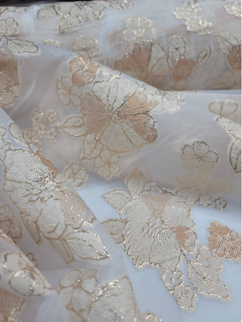 Gold Floral Brocade On White Organza Fabric By The Yard For Gown Prom Quinceañera Bridal