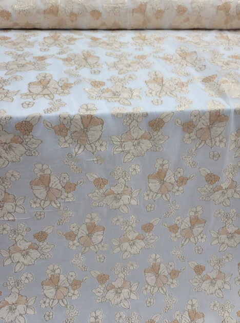 Gold Floral Brocade On White Organza Fabric By The Yard For Gown Prom Quinceañera Bridal