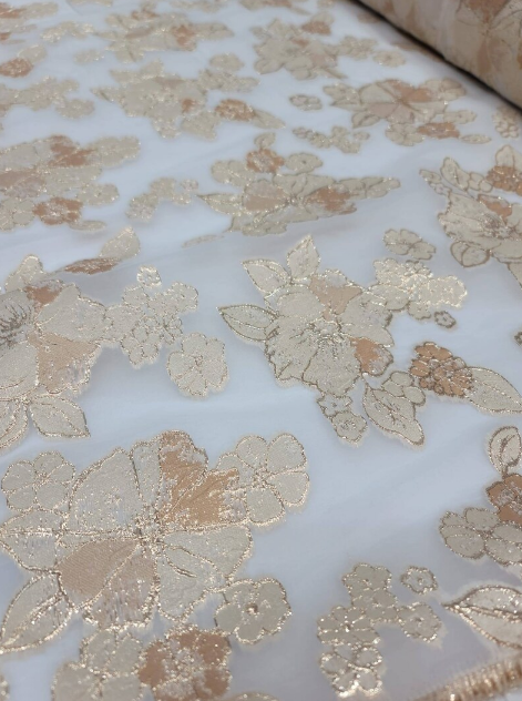 Gold Floral Brocade On White Organza Fabric By The Yard For Gown Prom Quinceañera Bridal