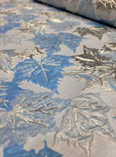 Brocade Sky Blue Silver Mapple Leaf Soft Flowy Prom Fabric Sold by the Yard Gown Quinceañera Bridal Cocktail Jacquard Luxurious Fabric