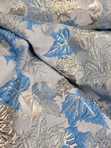 Brocade Sky Blue Silver Mapple Leaf Soft Flowy Prom Fabric Sold by the Yard Gown Quinceañera Bridal Cocktail Jacquard Luxurious Fabric
