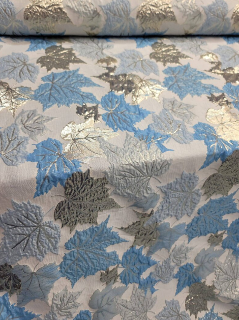Brocade Sky Blue Silver Mapple Leaf Soft Flowy Prom Fabric Sold by the Yard Gown Quinceañera Bridal Cocktail Jacquard Luxurious Fabric