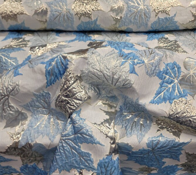 Brocade Sky Blue Silver Mapple Leaf Soft Flowy Prom Fabric Sold by the Yard Gown Quinceañera Bridal Cocktail Jacquard Luxurious Fabric
