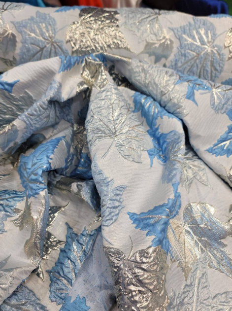 Brocade Sky Blue Silver Mapple Leaf Soft Flowy Prom Fabric Sold by the Yard Gown Quinceañera Bridal Cocktail Jacquard Luxurious Fabric