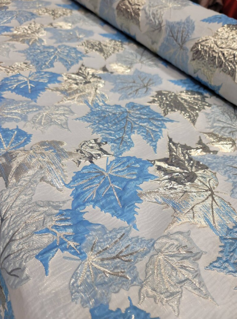 Brocade Sky Blue Silver Mapple Leaf Soft Flowy Prom Fabric Sold by the Yard Gown Quinceañera Bridal Cocktail Jacquard Luxurious Fabric